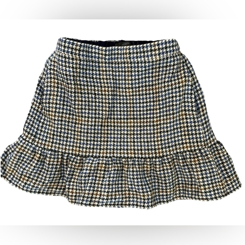 J. Crew Black, Blue, Tan Houndstooth A-Line Skirt Wool Size 2 Ruffle Lined​​​
